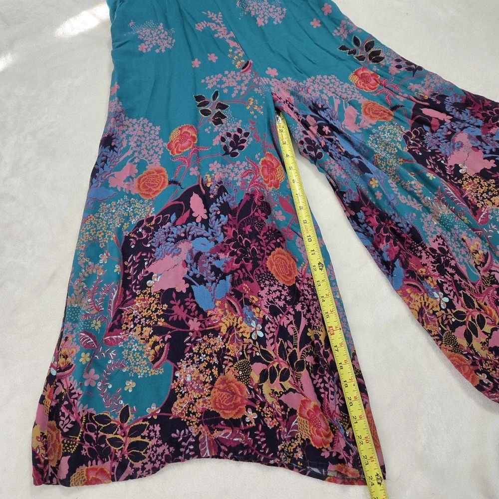 Anthropologie Maeve Floral Wide Leg Jumpsuit Teal Blue Sleeveless Sz 12 Boho